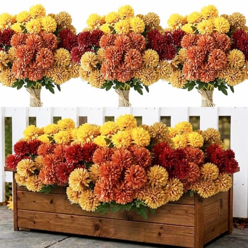12Pcs Artificial Fall Flowers for Outdoors, UV Resistant Fake Silk Mums - color: Burnt Orange+golden Yellow+burgundy+autumn Yellow