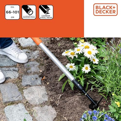 BLACK+DECKER Cultivator - Garden Rake and Hoe - Adjustable Length 66-101 cm - Cultivating and Weeding - Carbon Steel Head