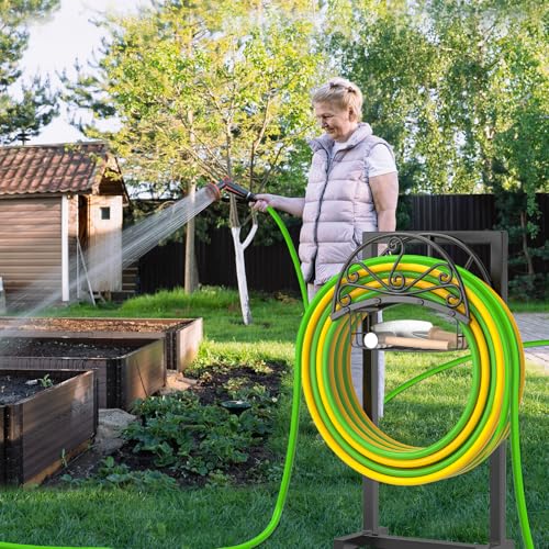 Garden Hose holder, 4-Spike Heavy Metal with Storage Basket, Swirl - style: Floral with Storage Basket