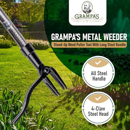 Grampa's Weeder Stand Up Weed Puller Tool with Heavy-Duty Steel Long Handle - color: Green