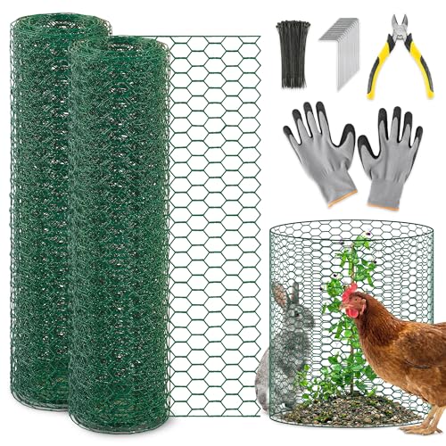 13.8x118" Plant Protectors from Animals, 2Roll Metal Mesh Plant Cages for Outdoor Plants Chicken Wire Cloche Wire Mesh for Garden Fence Kit with Ground Stakes & Nylon Tie,Gloves,Plier (Green) - color: Green