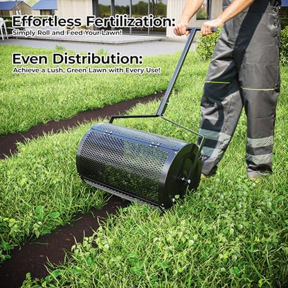 KYBOLT 24 Inch Compost Spreader with Adjustable Push Pole & Easy Open Door - Lightweights Metal Mesh Lawn Spreader for Peat Moss, Topsoil, Manure, Mulch | Durable & Rust-Proofs Garden Spreader Tools