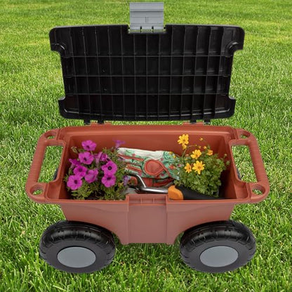 Pure Garden Rolling Garden Cart with Seat, Terracotta - color: Terracotta