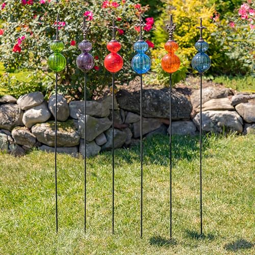 Zaer Ltd. Colored Blown Glass Garden Stake with Cast Iron Finial on Top (Set of 12 (2 of Each)) - color: Set of 12 (2 of each)