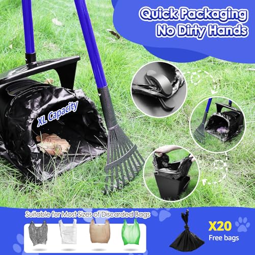 SlowTon Dog Pooper Scooper, 37.4" Long Handle Poop Scoop for Large Dogs - color: Blue, size: X-Large 6L Bin+20 Waste Bag