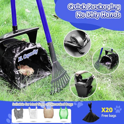 SlowTon Dog Pooper Scooper, 37.4" Long Handle Poop Scoop for Large Dogs - color: Blue, size: X-Large 6L Bin+20 Waste Bag