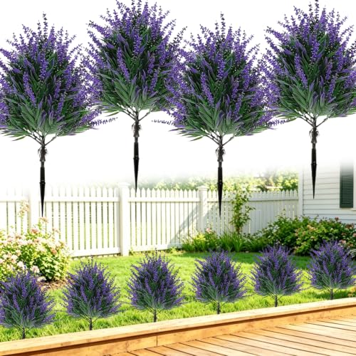 THKFUL 4 Pack Artificial Lavender Topiary Ball Trees, UV Resistant Faux Outdoor Plants with Ground Stakes, Fake Lavender Shrubs for Front Door Planters, Porch, Patio, Garden & Year Round Decor - color: Purple