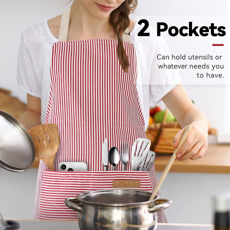 NLUS 2 Pack Kitchen Cooking Aprons, Adjustable Bib Soft Chef Apron with 2 Pockets for Men Women (Black Pinstripes/Pink Pinstripes) - color: Black Pinstripes/Pink Pinstripes