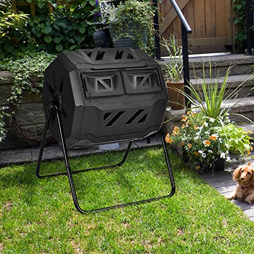 IRONMAX Outdoor Compost Tumbler, 43 Gallon (163 L) Rotating Tumbling Composter with Dual Chamber, Large Composting Bin for Frame Garden Yard Waste, Black