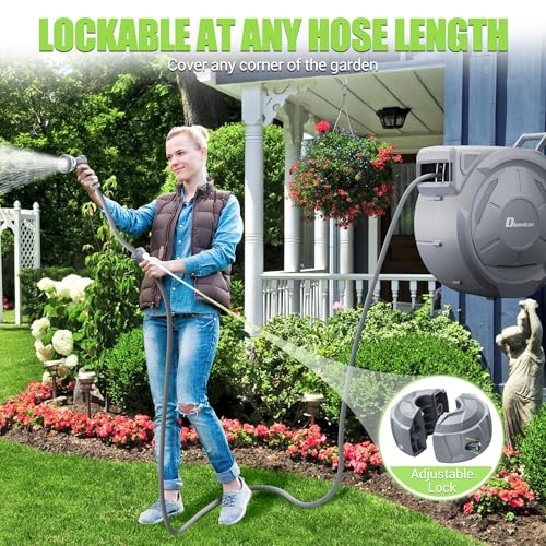 Retractable Garden Hose, 5/8" × 110 ft Wall Mounted Garden Hose Reel with 10-Pattern Hose Nozzle, Heavy Duty Water Hose Any Length Lock,Slow Return System,180°Swivel Bracket