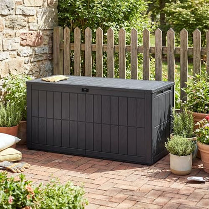 100 Gallon Deck Box Outdoor Storage Box Lockable Waterproof Resin Indoor Outdoor Storage Container for Patio Cushions, Tools, Package Delivery Boxes for Outside