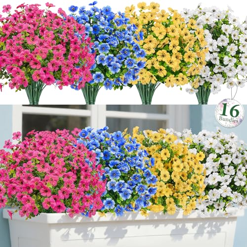 Bassion 16 Bundles Artificial Flowers for Outdoors Fake Flowers, Colorful - color: Fuchsia Blue Yellow White
