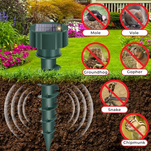 Solar Mole Repellent Stakes Outdoor – Ultrasonic Snake, Gopher & Vole Deterrent for Yard, Waterproof IP65 Solar Powered Animal Repeller for Lawn Garden, Rabbit Skunk Groundhog Control (4 Pack)