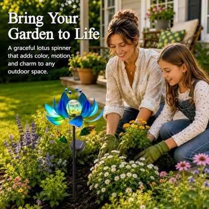 Solar Wind Spinners for Yard and Garden, Color-Changing Metal Lotus Flower - color: Blue