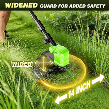 Cordless Weed Wacker with Wheels, 21V Battery Powered Weed Eater with 8 Spools & 2 Batteries, Lightweight Lawn Mower & Adjustable Grass Cutter Tools for Yard, Lawn Care