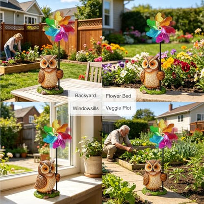 Owl Statue with Reflective Wind Spinners Garden Decor - size: Owl