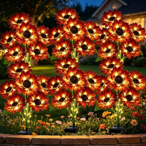 Solar Sunflower Lights Outdoor Garden Decor, 6 Pack Solar Brown Flowers Lights with 36 Sunflowers, Waterproof Fall Decor Stake Decorative Light Auto ON/Off for Garden Yard Patio, Gift for Women - color: Brown, size: 6 in 1 Sunflower-6 Pack