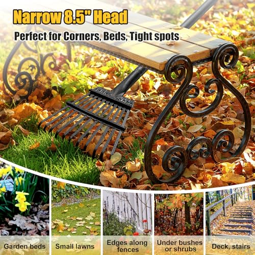 Leaf Rake: 8.5" Wide Heavy Duty Small Metal Garden Rake for Lawn Yard Garden Bed Leaves Debris Shrub Pine Needles Cleanup, 11 Metal Tines, Lightweight Kids Leaf Rakes, 72” Long Handle - style: 11 tines-6ft