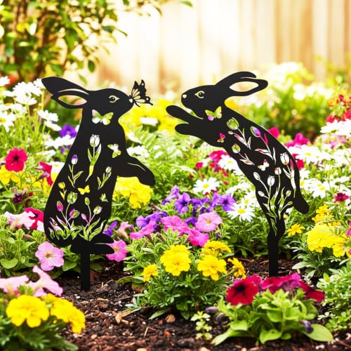 2 Pcs Metal Bunny Garden Stakes, Decorative Rabbit Silhouette Yard Art - color: Bunny