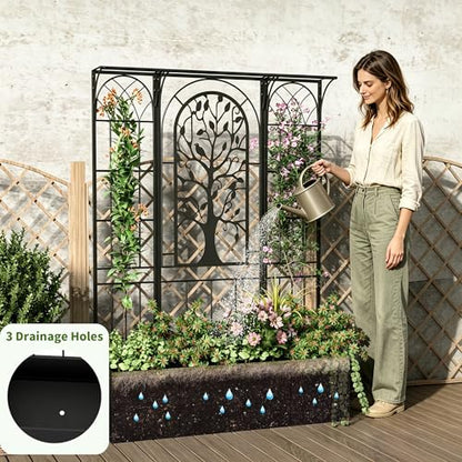 Metal Planter Box with Trellis, Outdoor Raised Garden Bed, Black - color: Black