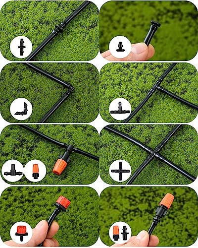 300Pcs Drip Irrigation Fittings Kit for 1/4" Tubing, Drip Line Connectors for Drip Systems- Drip Emitters, Nozzles, Nozzle Tees, Single barbs, 4-Way Connectors, End Plugs, Elbows, Tees, Couplings