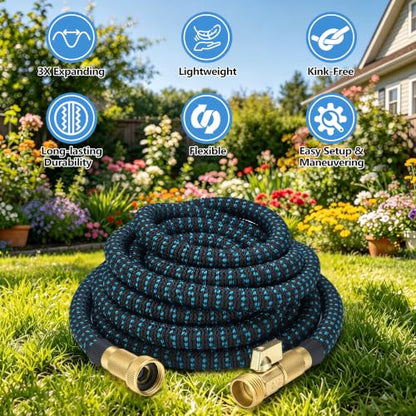 100 ft Expandable Garden Hose - Superior Strength 3750D - 3 -Layer Latex Core Garden HoseS - Expanding Water hoses - Extra Strong Brass Connectors/Storage Bag