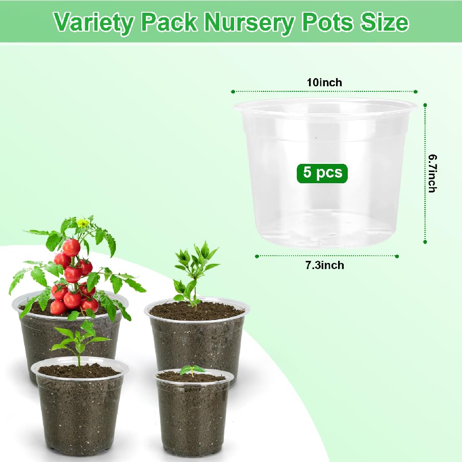 10 Inch Clear Nursery Pots with Drainage Holes, 5 Pack Plastic Pots for Plants, Seedling Starter Pot Variety Pack, Garden Plant Pots for Succulents Flowers Cactus - size: 10 Inch