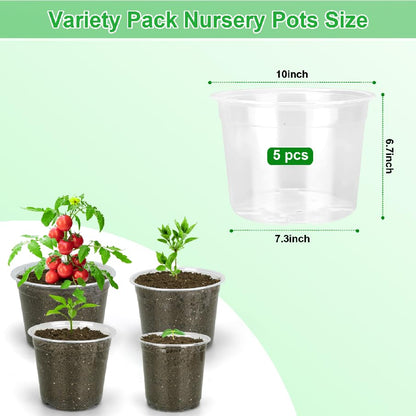 10 Inch Clear Nursery Pots with Drainage Holes, 5 Pack Plastic Pots for Plants, Seedling Starter Pot Variety Pack, Garden Plant Pots for Succulents Flowers Cactus - size: 10 Inch
