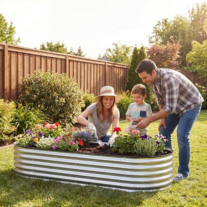 DUMOS Galvanized Raised Garden Bed, Outdoor Planter Box, 6x3x1ft - color: Silver (Oval), size: 6×3×1ft