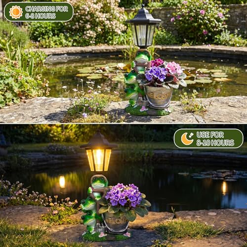 Solar Frog Outdoor Garden Statue with Flowerpot & Lantern - color: Frog