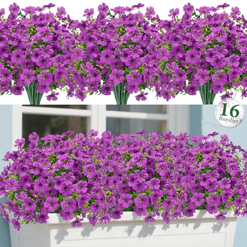 Bassion 16 Bundles Artificial Flowers for Outdoors Fake Flowers, Purple - color: Purple