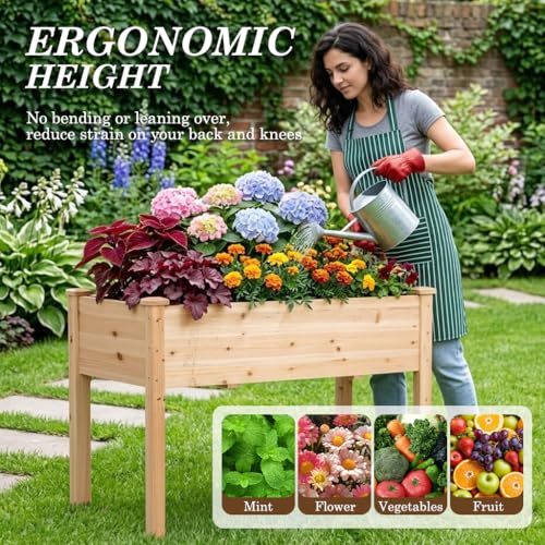 Raised Garden Bed with Legs, 48x24x30 inch Wood Elevated Planter with Protective Liner for Vegetable Flower Herb, Outdoor Planter Box Kit for Balcony Patio Backyard, Natural - size: 48x24x30 in, style: Natural-Single