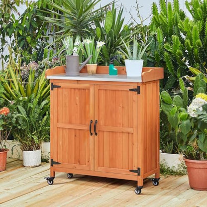 Yaheetech Rolling Potting Bench Outdoor Storage Cabinet, Metal Top, Brown - color: Brown