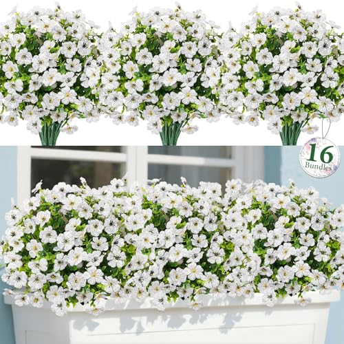 Bassion 16 Bundles Artificial Flowers for Outdoors Fake Flowers, White - color: White