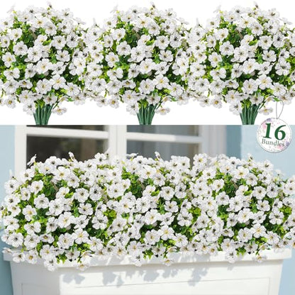 Bassion 16 Bundles Artificial Flowers for Outdoors Fake Flowers, White - color: White