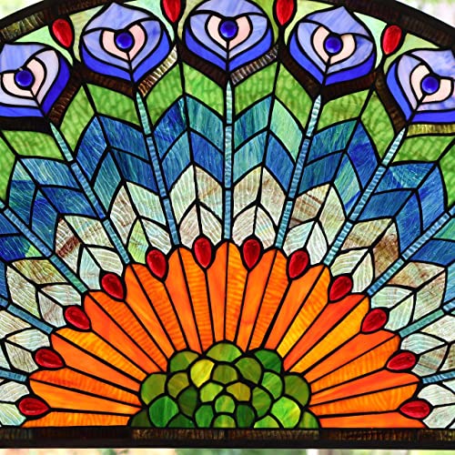 Bieye W10034 Blue Peacock Feather Tiffany Style Stained Glass Window Panel - size: 36Wx18H Half-round