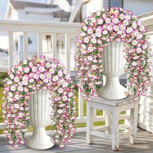 Artificial Hanging Flowers for Outdoors, 4 PCS 600 Blooms UV Resistant Morning Glory Faux Silk Vines, No-Odor Realistic Fake Plants for Garden Planter Porch Patio Decoration, Pink - color: Pink