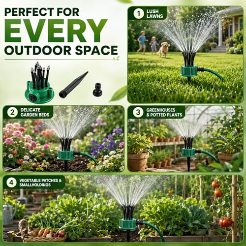 360° Coverage Precision Garden Irrigation Sprinkler, Rotating Multi-arm Roof Cooling System, Multi-Directional Lawn Sprinkler with Flexible Spray Nozzles, for Grass, Yard and Flower Bed (2Pcs)