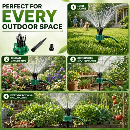 360° Coverage Precision Garden Irrigation Sprinkler, Rotating Multi-arm Roof Cooling System, Multi-Directional Lawn Sprinkler with Flexible Spray Nozzles, for Grass, Yard and Flower Bed (2Pcs)
