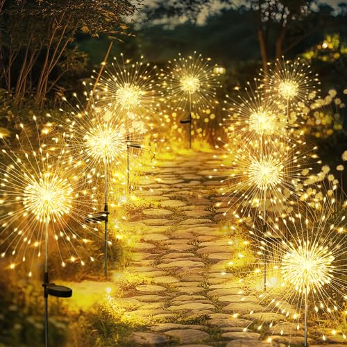 GIGALUMI 8 Pack Solar Firework Lights Outdoor, Garden Decor, Warm White - color: Warm White, size: 8 PACK 120 LEDS