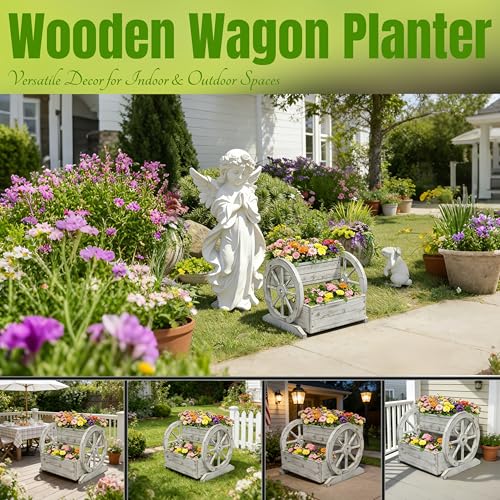 NestNature Wooden Wagon Planter Box|Raised Garden Bed W/Wheels for Plants - color: Antique White, size: Classic-2Tier