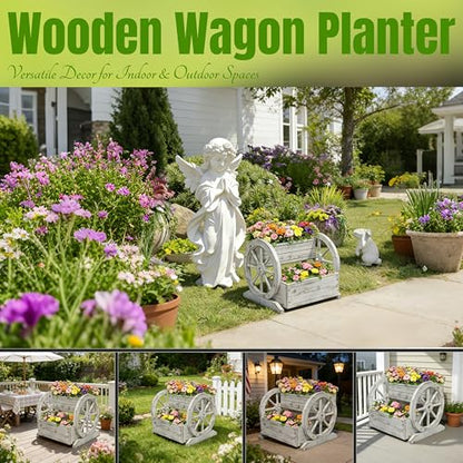 NestNature Wooden Wagon Planter Box|Raised Garden Bed W/Wheels for Plants - color: Antique White, size: Classic-2Tier