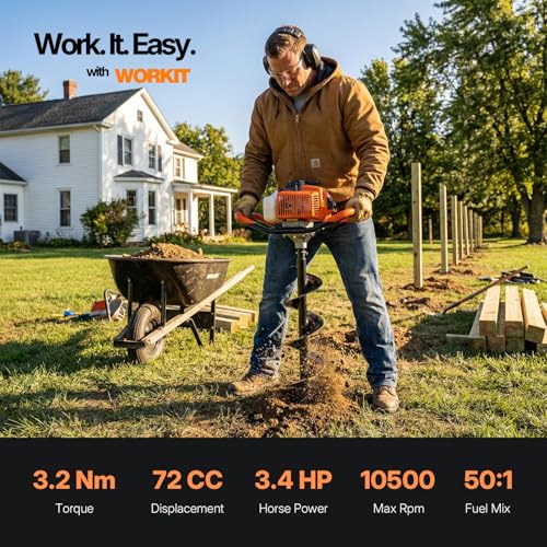 WORKIT 72CC Post Hole Digger, Auger Post Hole Digger Easy Start, 2-Cycle Xtreme Engine, Gas Powered Earth Auger with 4"+6"+12" Auger Drill Bit, 20"+30" Extension Rods, EPA Certification - size: 72cc+3 bit(4"+6"+12")+2 Ext(20"+30")