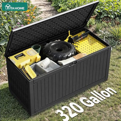 YITAHOME 320 Gallon Double-Wall Deck Box with Divider & Side Handles - color: Black, size: 320 gallon