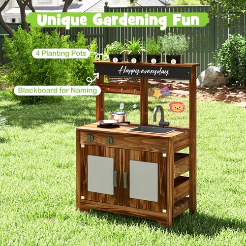 Costzon Mud Kitchen, Fir Wood Outdoor Play Kitchen w/ 4 Planting Pots - style: Planter Brown