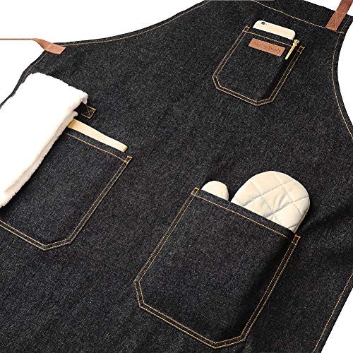 Chef Apron with Pockets & Towel Loop,Mens Womens,Black Denim - color: Black Denim