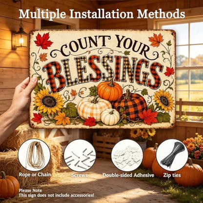 Count Your Blessings Thanksgiving Metal Sign Fall Wall Decor 8x12 Inch - color: Count Your Blessings