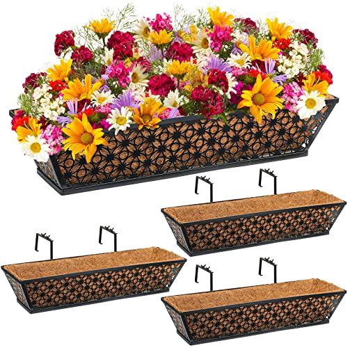 Potchen 4 Pieces Railing Planter Boxes, 24 Inches Window Box Planters with Coco Liner and Adjustable Brackets for Deck Porch Fence Patio Balcony Gardening Outdoor Plants