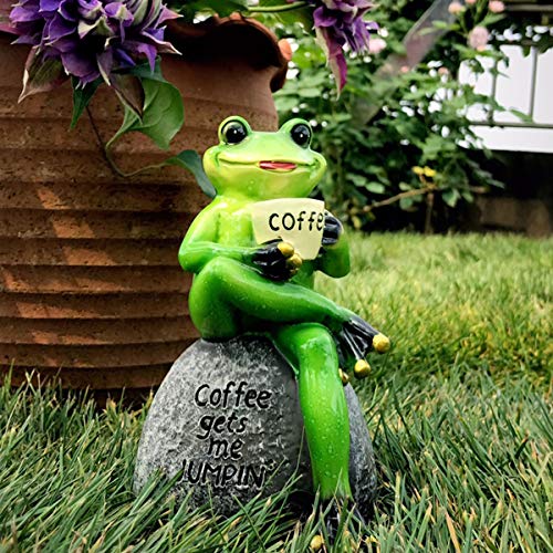 OwMell Frog Statue for Garden Decor, Drinking Coffee Green Frog Figurine - style: Coffee Frog Large