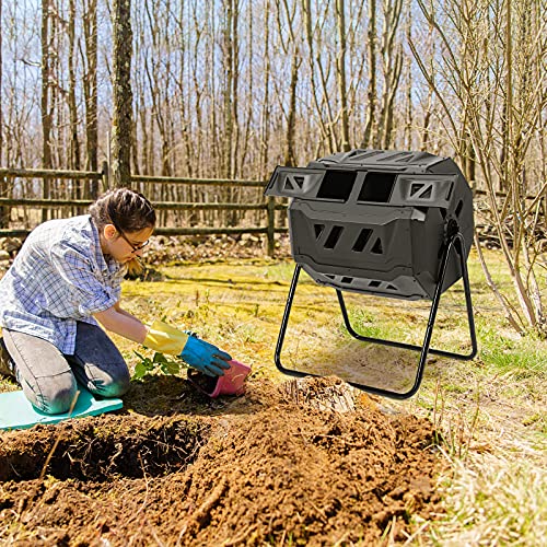 IRONMAX Outdoor Compost Tumbler, 43 Gallon (163 L) Rotating Tumbling Composter with Dual Chamber, Large Composting Bin for Frame Garden Yard Waste, Black